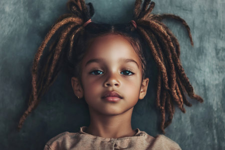 Small child with mixed ethnicity and unique hairstyle. Innocence and diverse beauty in a close up portraitの素材