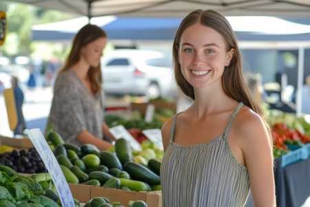 Happy young woman standing in front of a market stall, buying organic vegetables and fruits at a farmers marketの素材