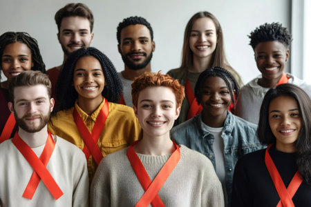 Diverse young people smiling, wearing red ribbons on clothes, showing support and solidarity for AIDS and HIV awarenessの素材