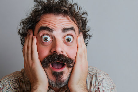 Man with curly hair and mustache reacting with extreme shock or surprise, wide eyes and open mouth in disbeliefの素材