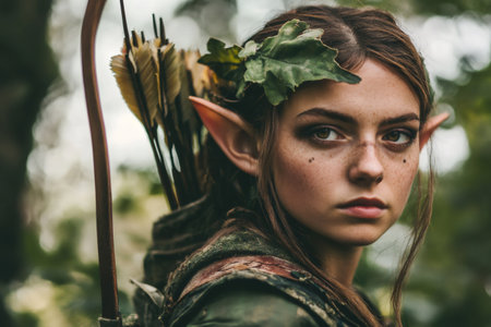 Young fantasy elf warrior wearing a green outfit and a leaf in her hair, carrying a bow and quiver of arrowsの素材
