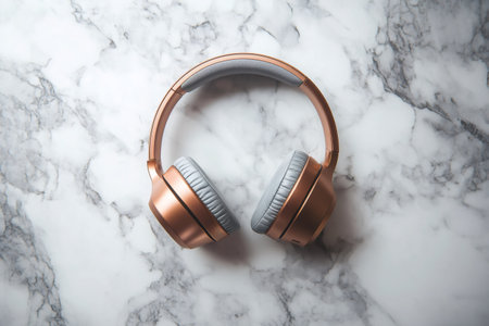 Wireless headphones in a metallic copper color with gray earcups lay flat on a white marble surface, providing an elegant backdropの素材