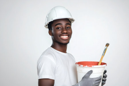 Young Black man wearing a hard hat and gloves, smiling while holding a paint bucket and brush for home renovationの素材