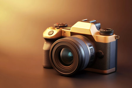 Elegant gold mirrorless camera with lens, symbolizing modern photography equipment and creative passionの素材