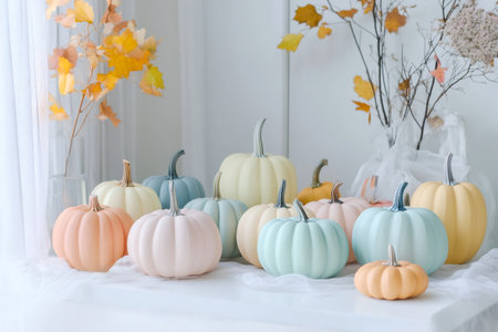 Charming arrangement of pastel colored miniature pumpkins creating a soft, elegant autumn decoration in a bright roomの素材