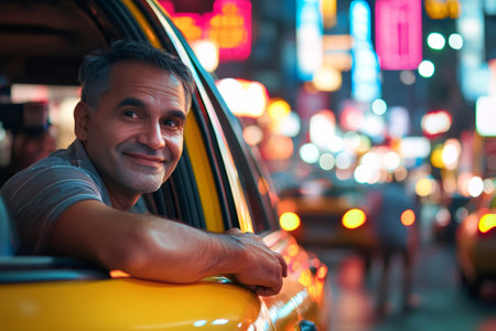 Middle aged man leaning from yellow taxi window in a lively city street full of colorful neon lights at twilightの素材