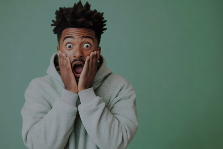 Young man showing a wide eyed, open mouthed expression of shock. His hands are pressed against his cheeks, reacting to something unexpectedの素材