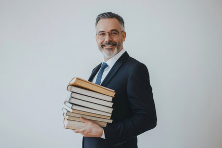 Professional male teacher wearing a suit and glasses, smiling while holding a large stack of books, symbolizing education and knowledgeの素材