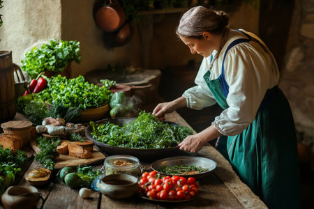 Woman preparing a traditional meal with abundant fresh vegetables and herbs on a wooden table in an old fashioned kitchenの素材