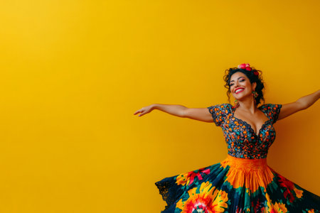 Confident Hispanic woman expressing joy and cultural heritage, dancing in colorful traditional attire against a vibrant yellow backdropの素材
