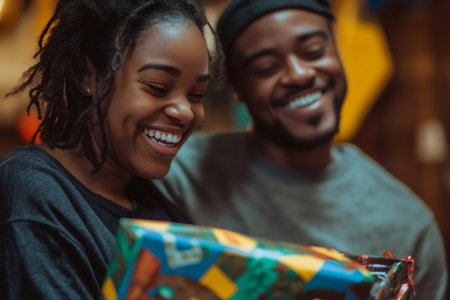 Young Black woman unwrapping a colorful gift, joyful expression on her face, with a smiling man watching in the backgroundの素材