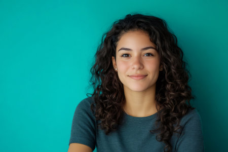 Young Hispanic woman standing against a teal background, looking at the camera with a natural, friendly, and confident smileの素材