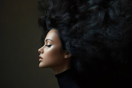 Woman's elegant profile with closed eyes, her voluminous dark hair flowing freely against a dark background, embodying beauty and styleの素材