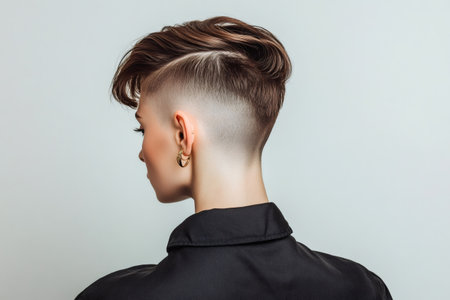 Woman displaying a contemporary undercut fade hairstyle with longer brown hair on top, creating a bold and fashionable lookの素材
