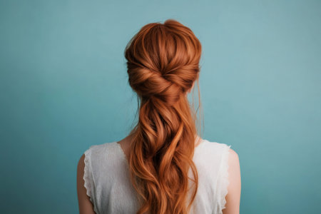 Young woman showing her back with a detailed half up half down red hairstyle against a blue background, beauty conceptの素材