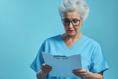 Senior woman wearing blue scrubs and glasses reading a medical report on a clipboard, showing a serious and focused expressionの素材