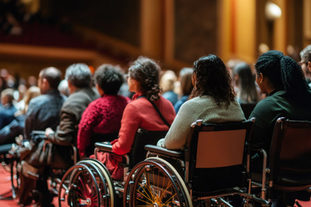 People in wheelchairs sitting in rows, observing a cultural event, highlighting accessibility and social inclusion for individuals with disabilitiesの素材