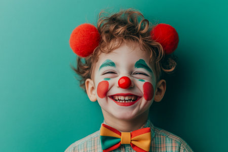Child dressed as a clown in colorful makeup, a red nose, and a vibrant bow tie, smiling with eyes closedの素材