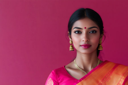 Young Indian woman showing traditional culture, smiling at the camera. She is wearing a colorful sari and ornate jewelryの素材
