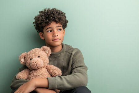 Young mixed race boy with curly hair embracing a teddy bear, thoughtfully looking into the distance with copy spaceの素材