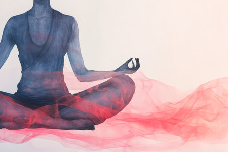 Abstract artwork of a person in a yoga lotus pose, surrounded by flowing red artistic lines, representing inner energy and tranquilityの素材