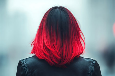 Woman from behind displaying her distinctive red ombre hair and a black leather jacket in an urban settingの素材