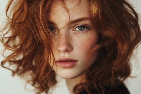 Young woman looking directly, showcasing her natural red hair and skin texture with numerous frecklesの素材