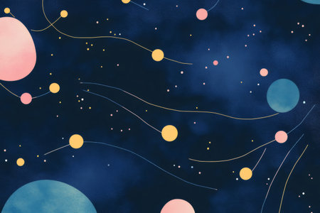 Abstract illustration showing planets and stars orbiting in a dark blue universe, creating a celestial patternの素材