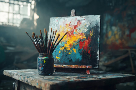 Artist workspace showing a jar of used paint brushes on a paint splattered table next to a vibrant abstract painting on an easelの素材