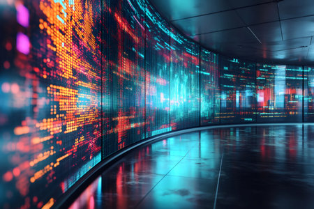 Curved screen displaying vibrant lines of programming code, illuminating a dark server room filled with advanced technology and data processingの素材