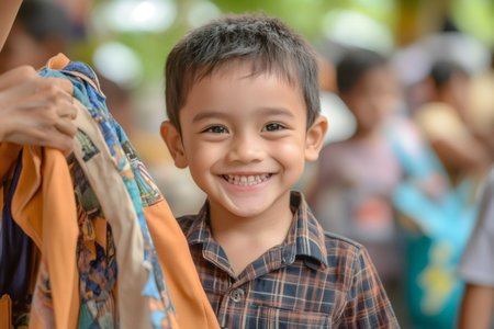 Smiling young boy happily accepting new school uniform, bringing hope and joy for education and a brighter futureの素材