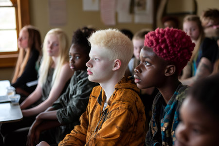 Group of diverse teenagers with albinism and other young people sitting, attentively listening during an educational or community eventの素材