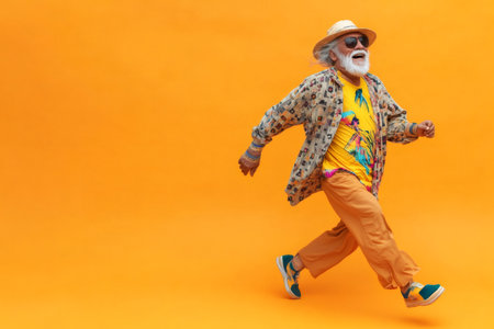 Indigenous senior man with white beard and sunglasses confidently running. Active lifestyle promoting vitality and happiness in old ageの素材