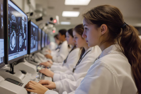 Young medical professionals in lab coats intently analyzing digital medical scans on computer monitors, focusing on healthcare educationの素材