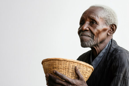 Elderly African man holding a woven basket with both hands, looking away on a plain white backgroundの素材