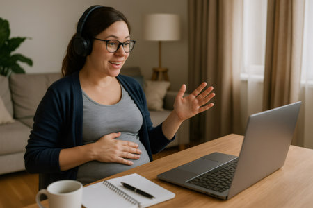 Pregnant woman wearing headphones and glasses having a video call on a laptop, working remotely from homeの素材