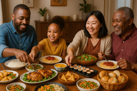Happy multi generational family sharing a meal, enjoying a table full of diverse dishes and smiling during dinnerの素材