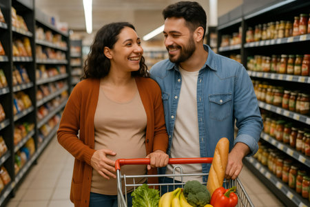 Happy pregnant woman and man pushing a shopping cart full of fresh produce, preparing for new family lifeの素材