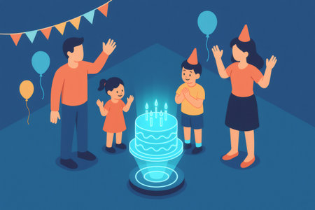 Family enjoying a modern birthday celebration with a glowing holographic cake, reflecting innovation and future technologyの素材