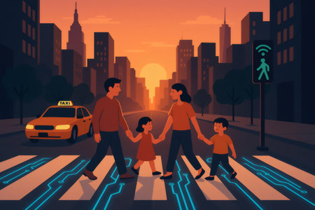 Family hand in hand crossing a futuristic smart crosswalk with circuit patterns and a smart traffic light in a cityの素材