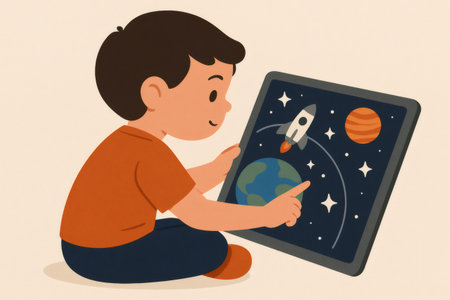 Young boy playing a space simulation game on a tablet, exploring planets, rockets, and astronomy educationの素材