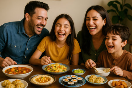 Family sharing a diverse meal at home, feeling joy and connection while eating various international dishesの素材