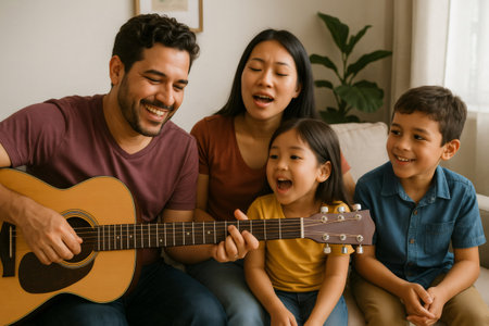 Diverse family enjoying music time, father playing acoustic guitar while mother and children sing together. Joyful bonding experienceの素材