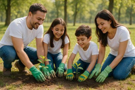 Happy family working as a team planting new trees in a green park, contributing to environmental protectionの素材