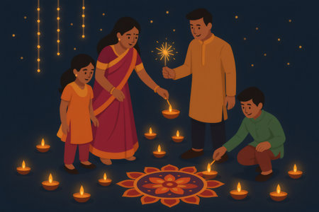 Indian family illuminates traditional oil lamps - diyas - and sparklers during Diwali, surrounded by a rangoli decorationの素材