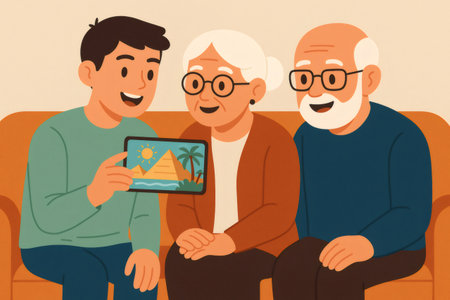 Grandson showing grandparents a virtual travel destination on a digital tablet, sharing a moment of discovery and connectionの素材