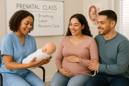 Expectant parents learning newborn care with an instructor presenting a baby doll in a prenatal classの素材