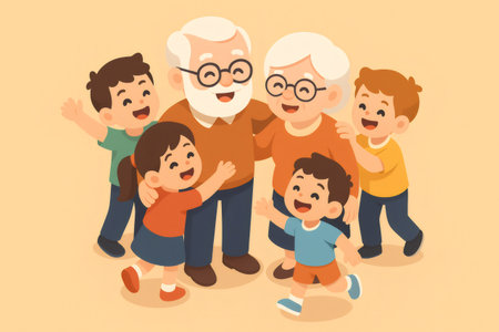 Grandparents smiling, surrounded by their four happy grandchildren. Family members laughing and connecting, illustrating love and happinessの素材