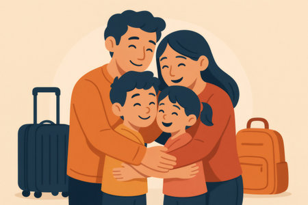 Happy family parents and children embracing. Smiling parents hugging son and daughter with luggage, signifying travel and homecomingの素材