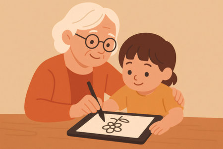 Grandmother and child bonding, creating digital art together. Intergenerational learning and creative moments through technologyの素材